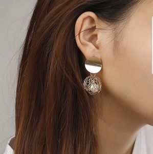 Women Golden Round Pearl Ball  Geometric Earrings